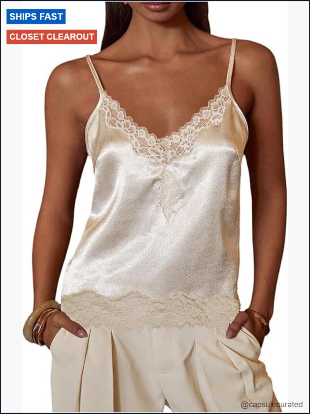 Satin Lace Camisole Top V Neck Sleeveless Going Out Tank